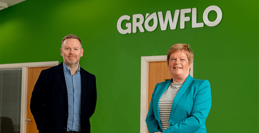 Pictured (L-R) are Alan Brown, Managing Director of Output Digital with Dr Vicky Kell, Director of Innovation, Research and Development, Invest NI.