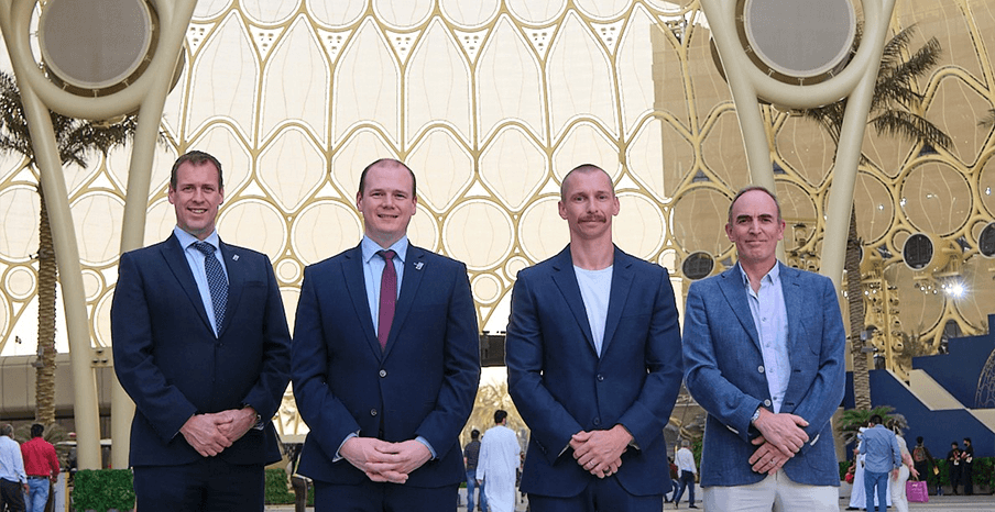 Pictured (L-R) are Steve Harper, Executive Director of International Business, Invest NI with Economy Minister Gordon Lyons; David Black, Director of Middle East Operations, Joule Group and Mark Wood, Chief Operating Officer (Asia), Lowe Rental.