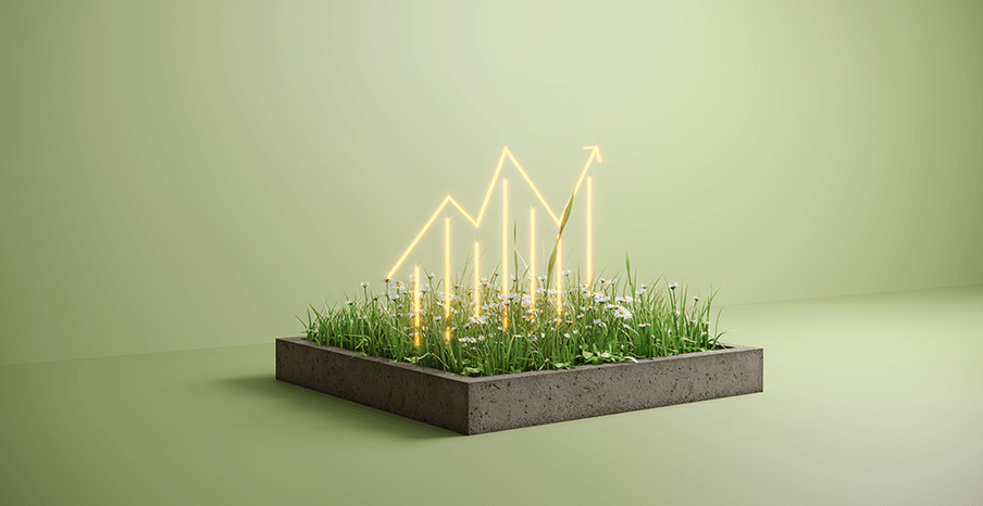 Virtual graph in box of grass to represent positive improvements in business sustainability